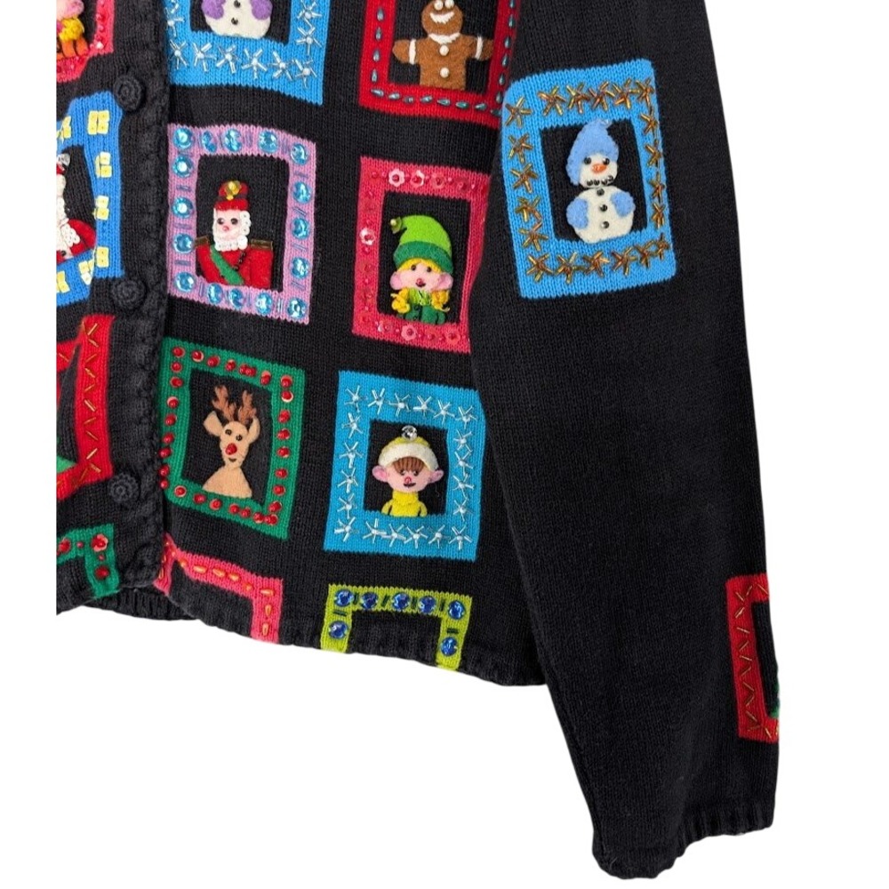 Michael Simon Christmas Cardigan Black M Beaded Window Applique 2001 Y2K - Picture 9 of 10